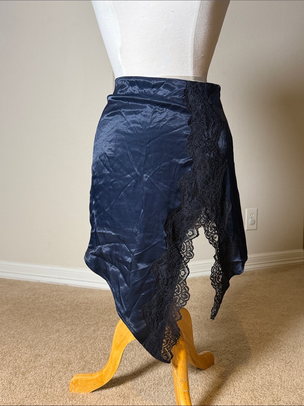 Women's Navy Satin Lace-Trim Asymmetric Skirt
